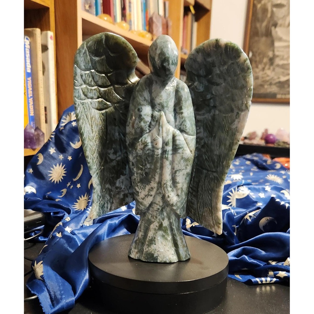 Large Moss Agate Christmas Angel Sculpture, 8" Tall Crystal Angel
